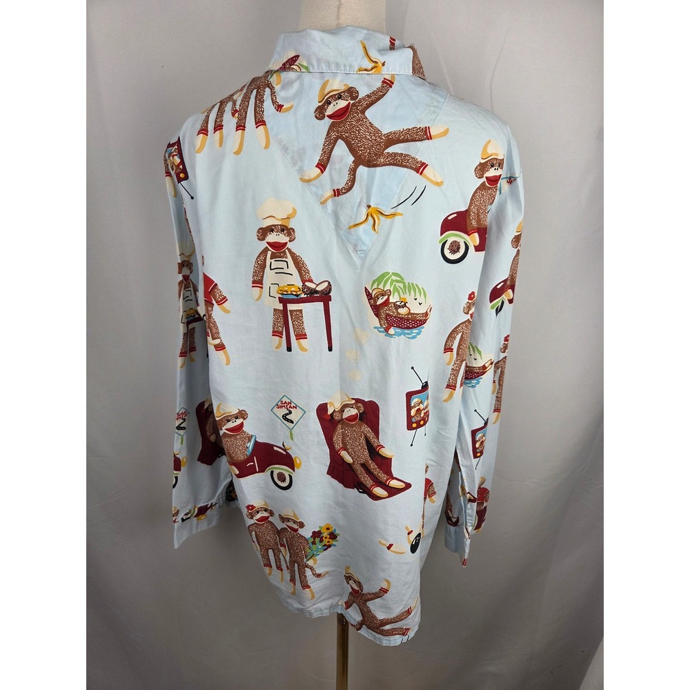 Nick & Nora Pajama Top L Blue Sock Monkey Button Front Sleep Shirt VTG Cotton - Picture 7 of 12